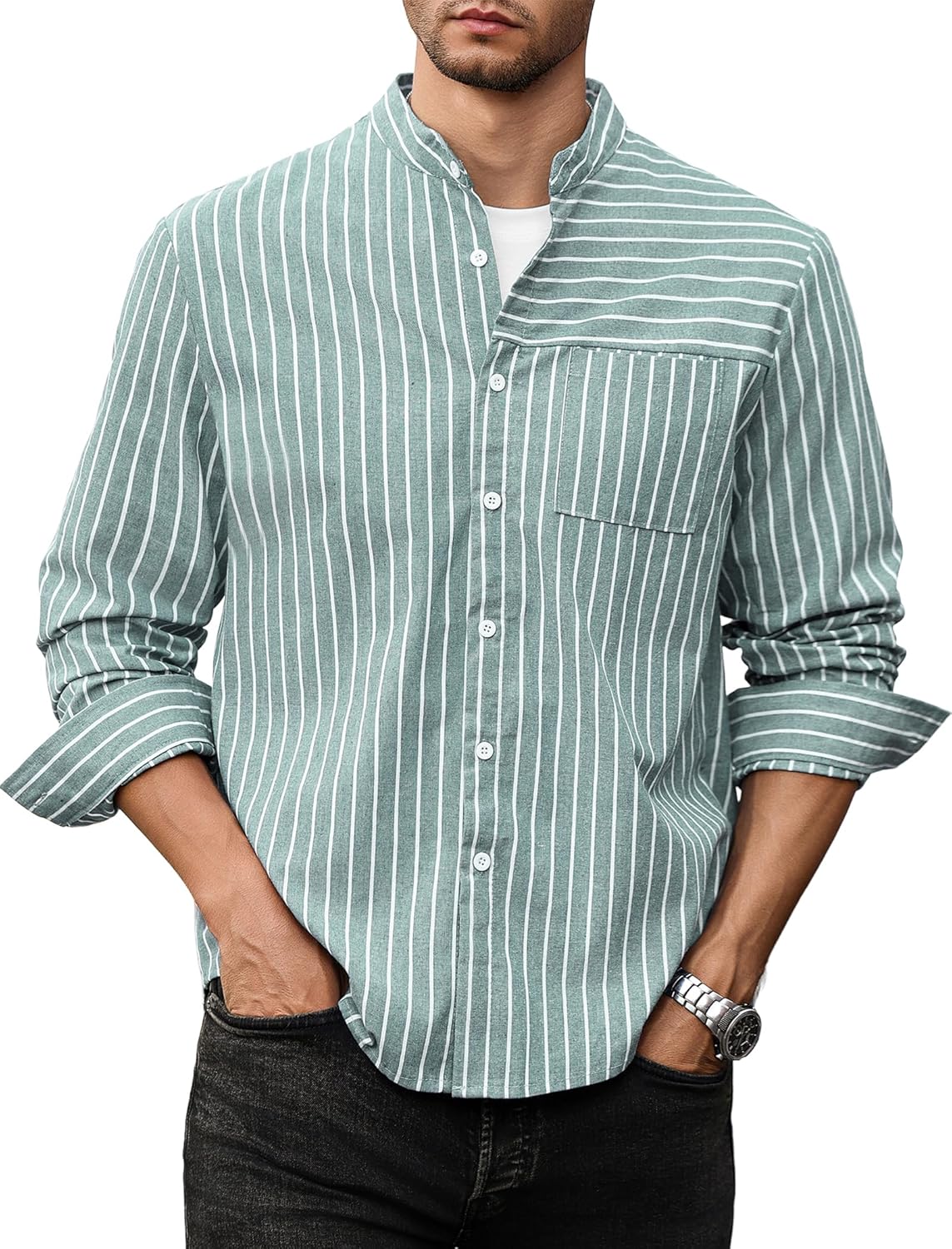 Men’s Casual Button-Down Shirts Long Sleeve Striped Cuban Guayabera Banded Collar with Pocket All-Day Shirt Tops