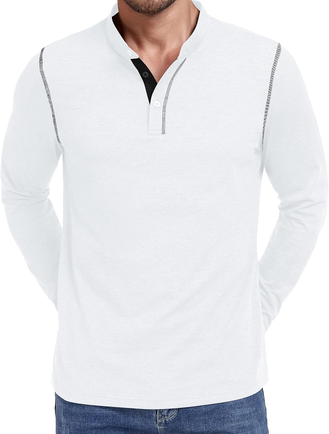 Men’s Henley Long Sleeve T-Shirt Casual Shirt Banded Collar Designed Placket Tees Tops