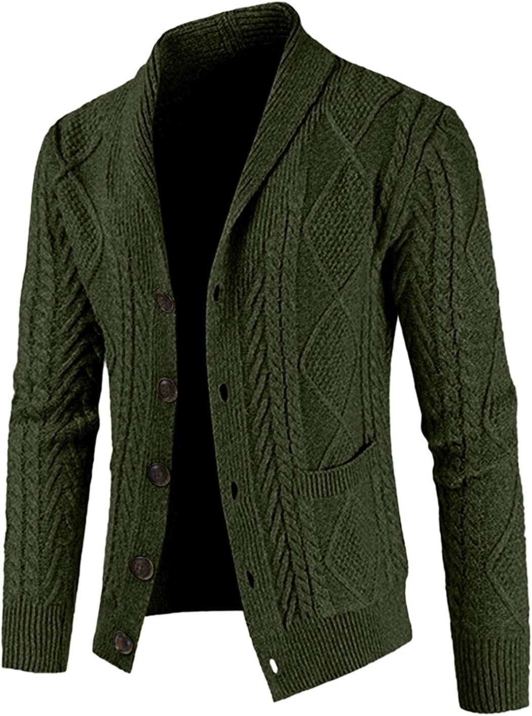 Men’s Casual Long Sleeve Shawl Collar Buttons Down Cable Knit Cardigan Sweater with Pockets