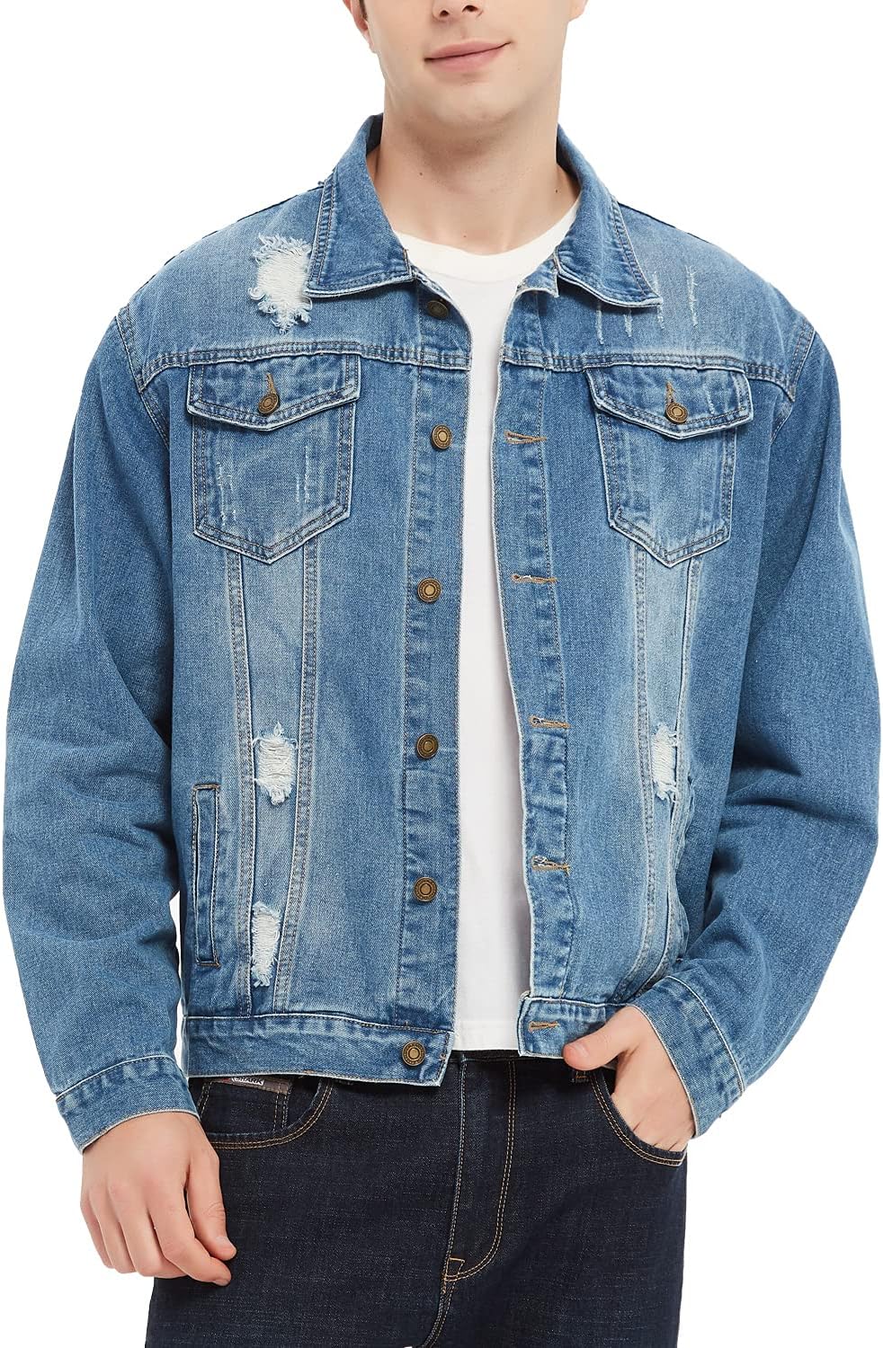 Men’s Denim Trucker Jacket Distressed Ripped Motorcycle Slim Fit Blue Jean Jackets Coat