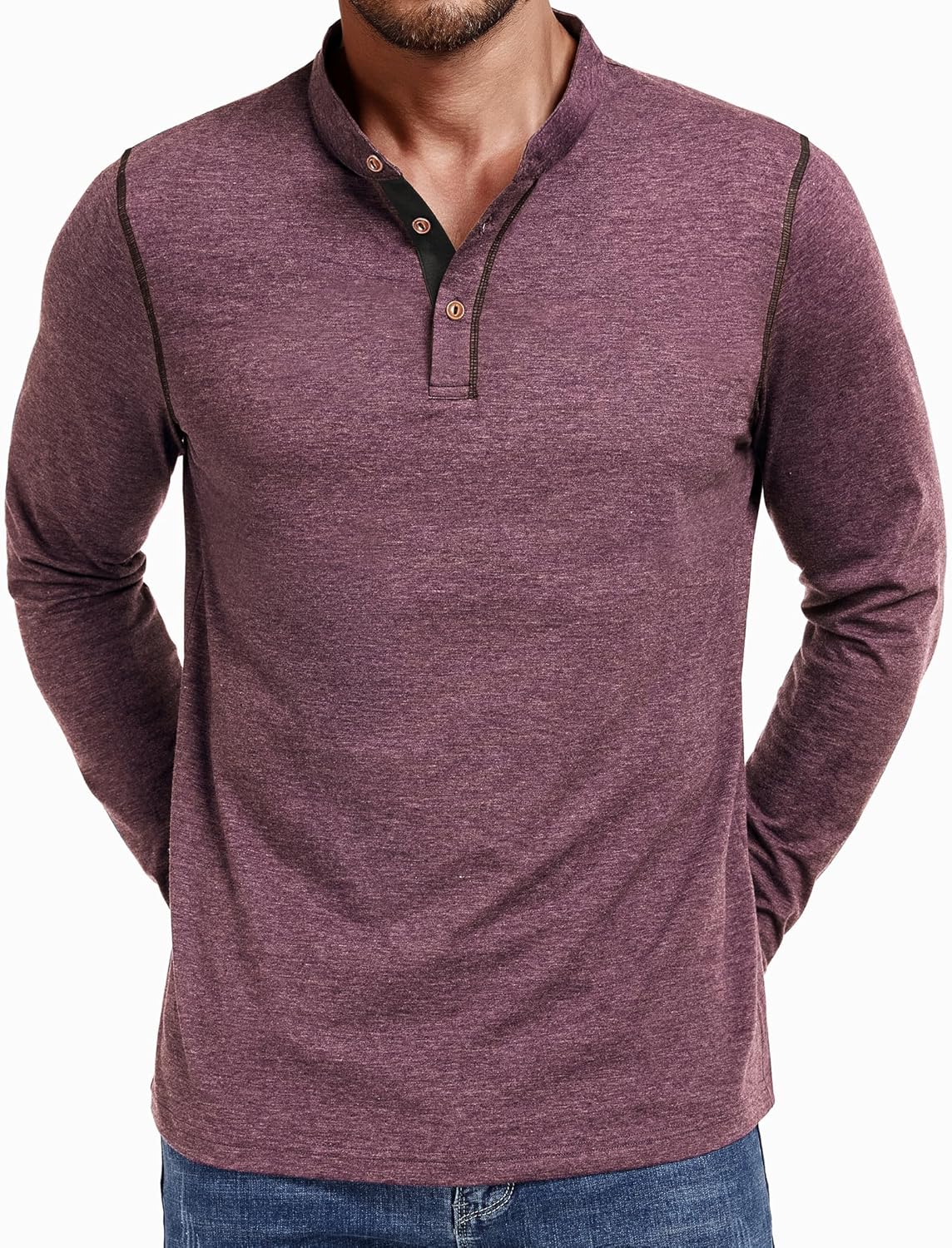 Men’s Henley Long Sleeve T-Shirt Casual Shirt Banded Collar Designed Placket Tees Tops