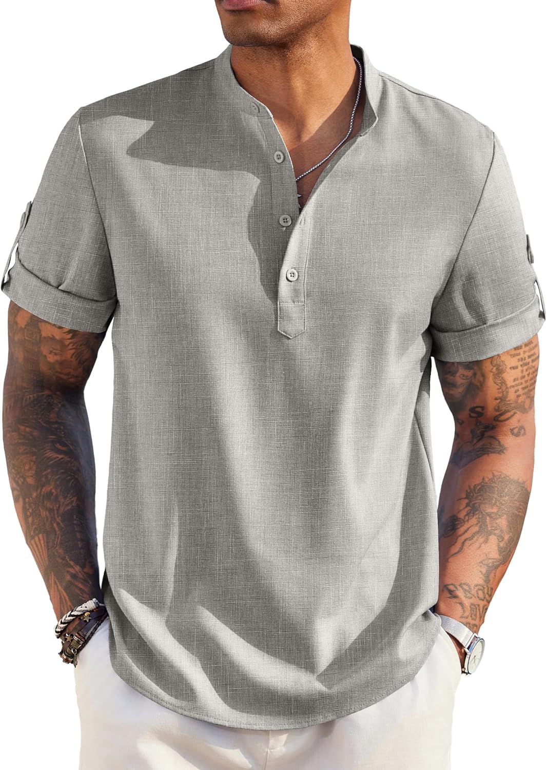 Men’s Casual Henley Shirt Short Sleeve Band Collar Linen Shirt Summer Beach Hippie T-Shirts