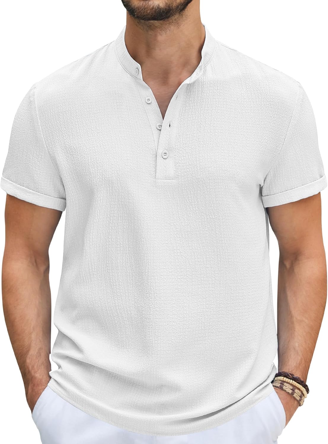 Men’s Casual Henley Tee Shirt Band Collar Short Sleeve Summer Beach Hippie T Shirts