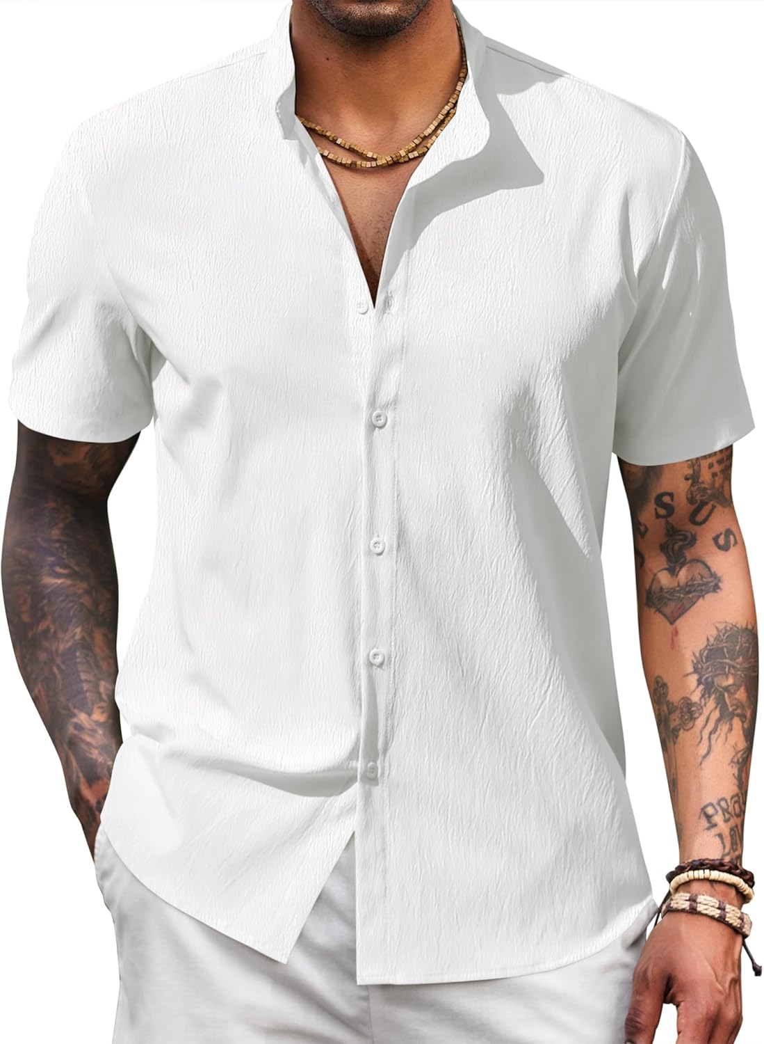 Men’s Casual Button Down Short Sleeve Shirt Band Collar Shirts Textured Beach Summer Shirt