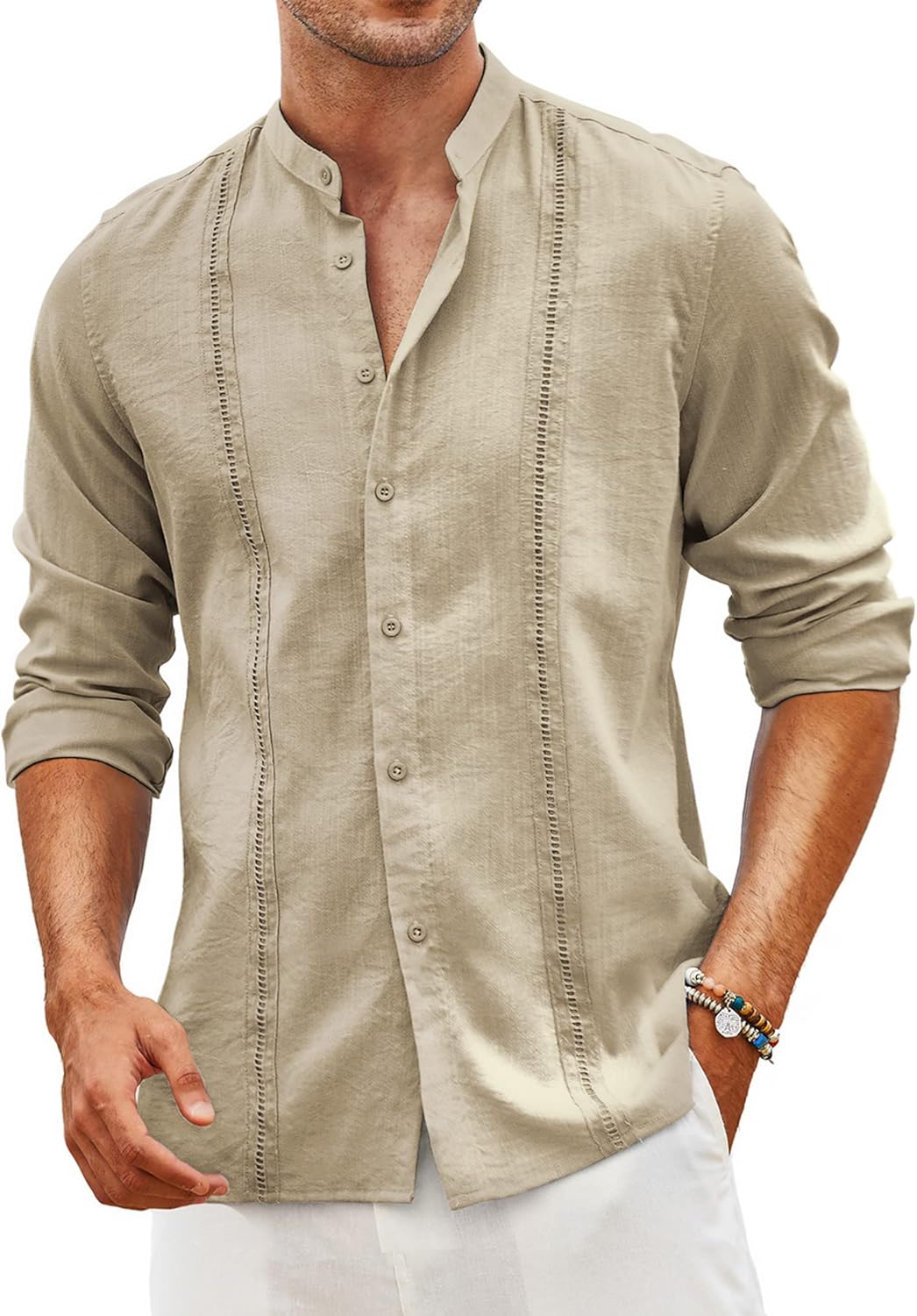 Men’s Cuban Guayabera Shirts Casual Long Sleeve Button Down Shirts Band Collar Linen Summer Beach Shirts